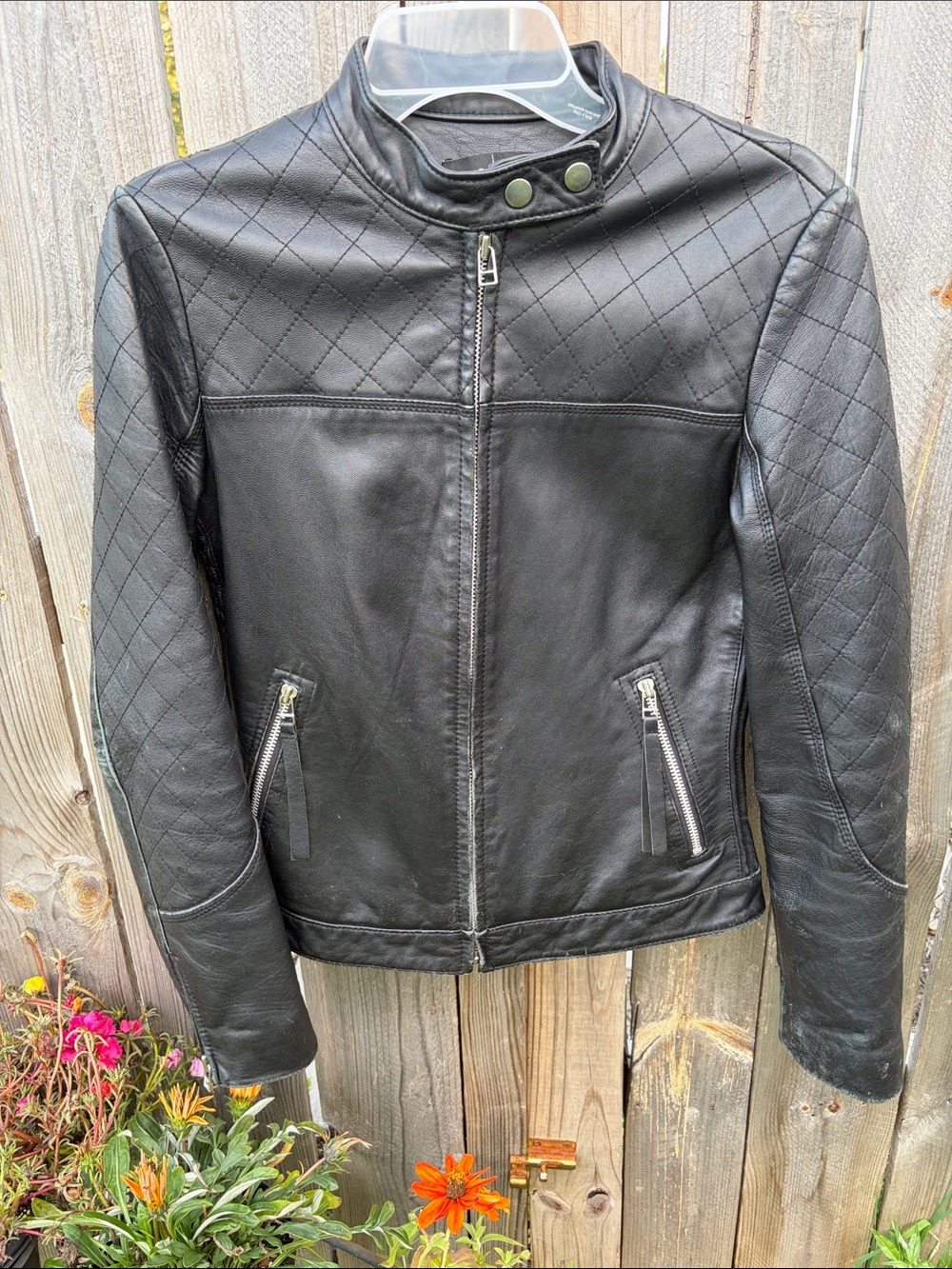 Moda International Black Quilted-Shoulder Leather Moto Jacket